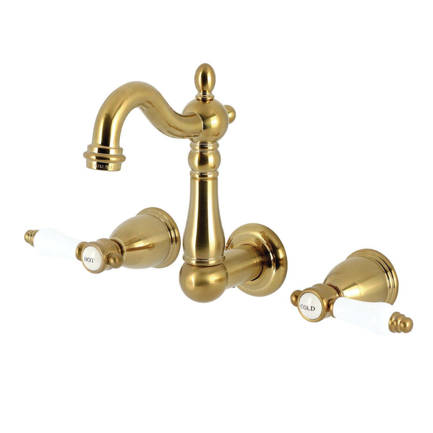 Kingston Heirloom KS1227BPL - Bel-Air Double-Handle 3-Hole Wall Mount Bathroom Faucet, Brushed Brass — image 1